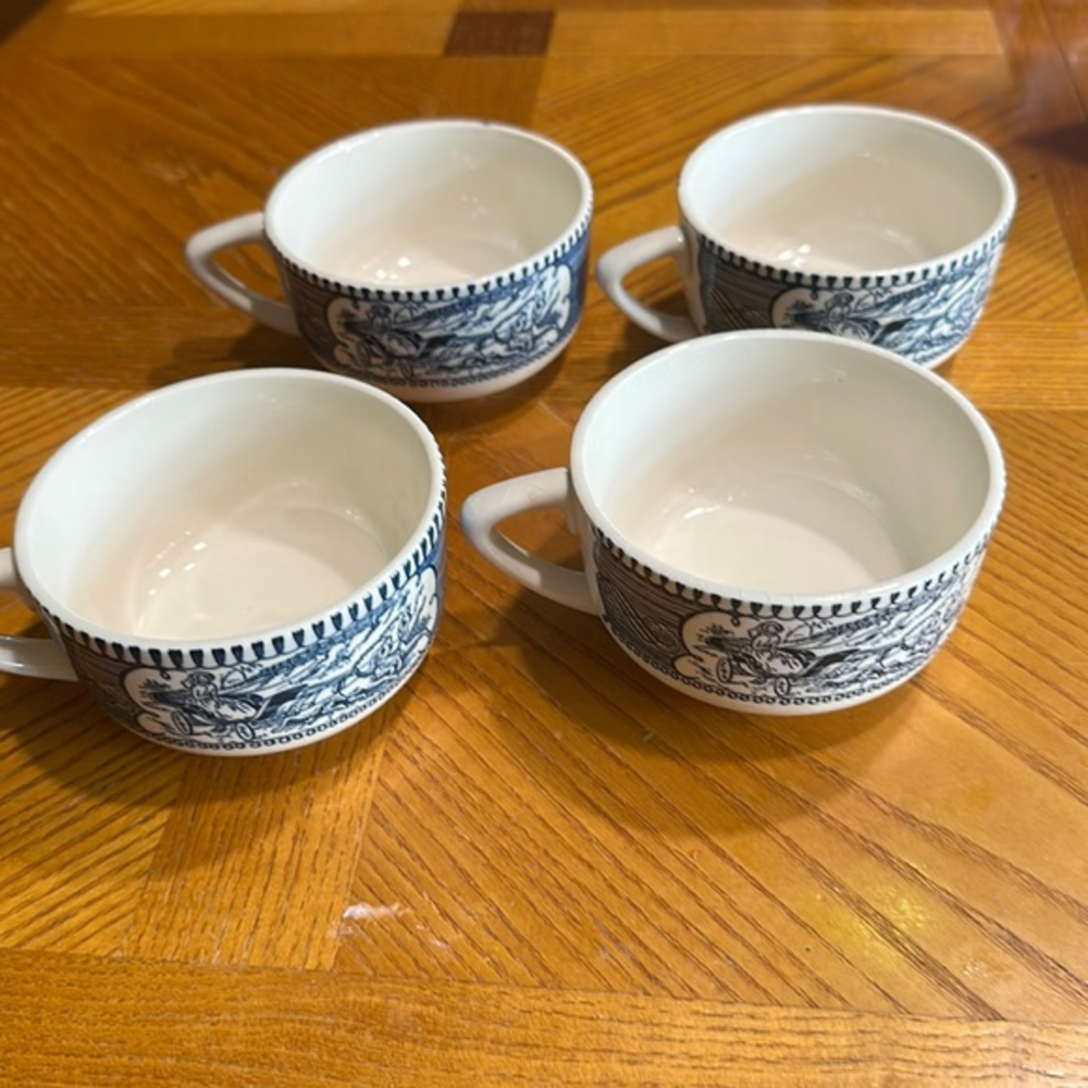 Set of 4 Currier & Ives Coffee Mugs / Tea Cups blue & white Made in USA